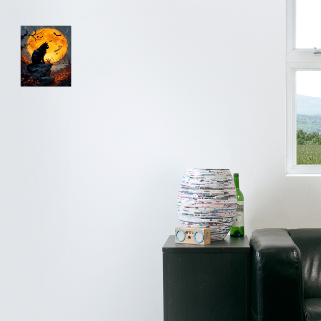 Black Cat in a Dark Forest with Orange Glowing Moon by BirdsnStuff